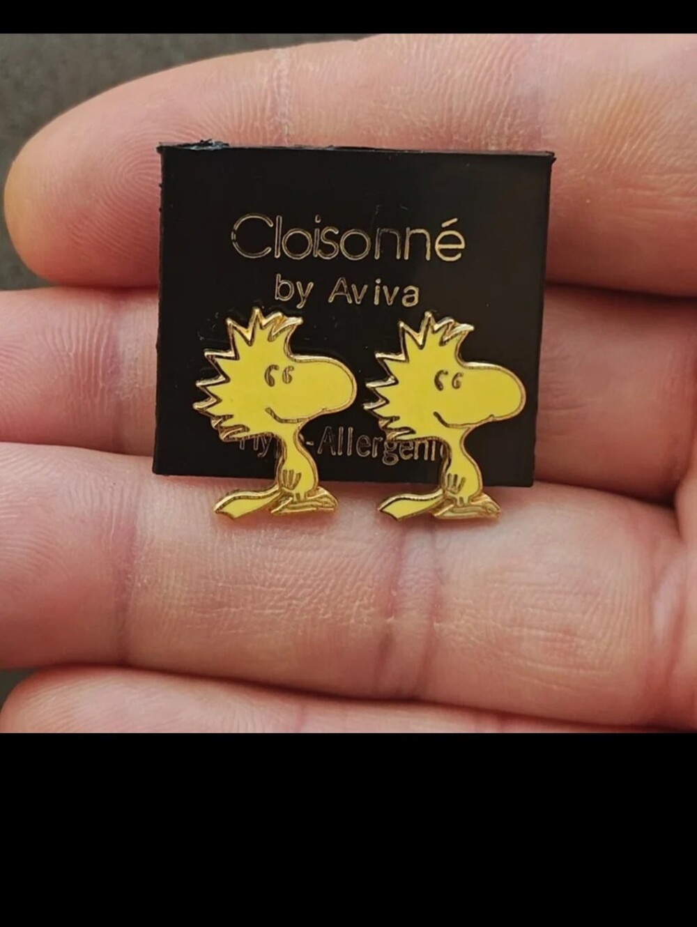 1970s Peanuts Woodstock Gold Tone Cloisonné Enamel Stud Earrings New